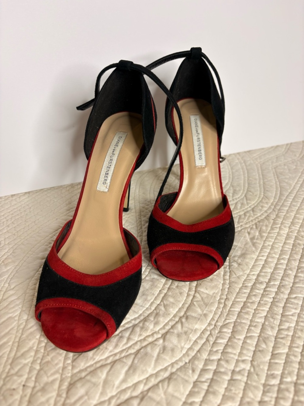 Diane Von Furstenberg Black and Red Suede Peep-Toe Heels with Ankle Tie